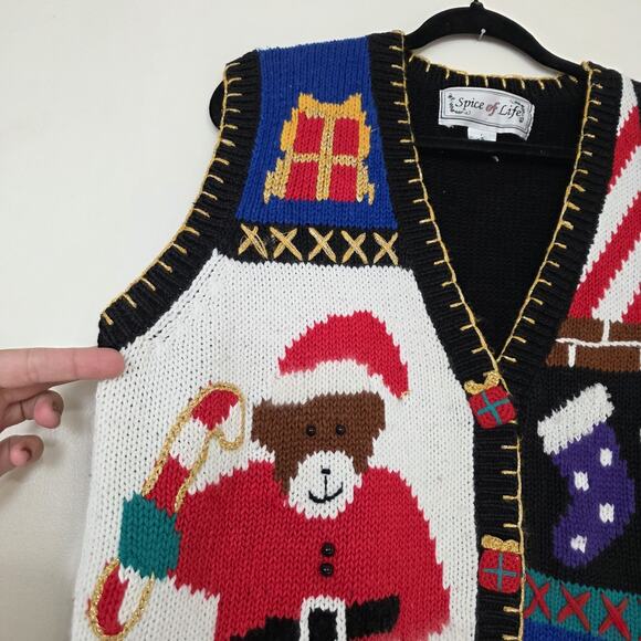 Vintage Ugly Christmas Sweater Vest Womens L Cabin Bear Candy Cane Artsy Fits XL - Picture 2 of 10